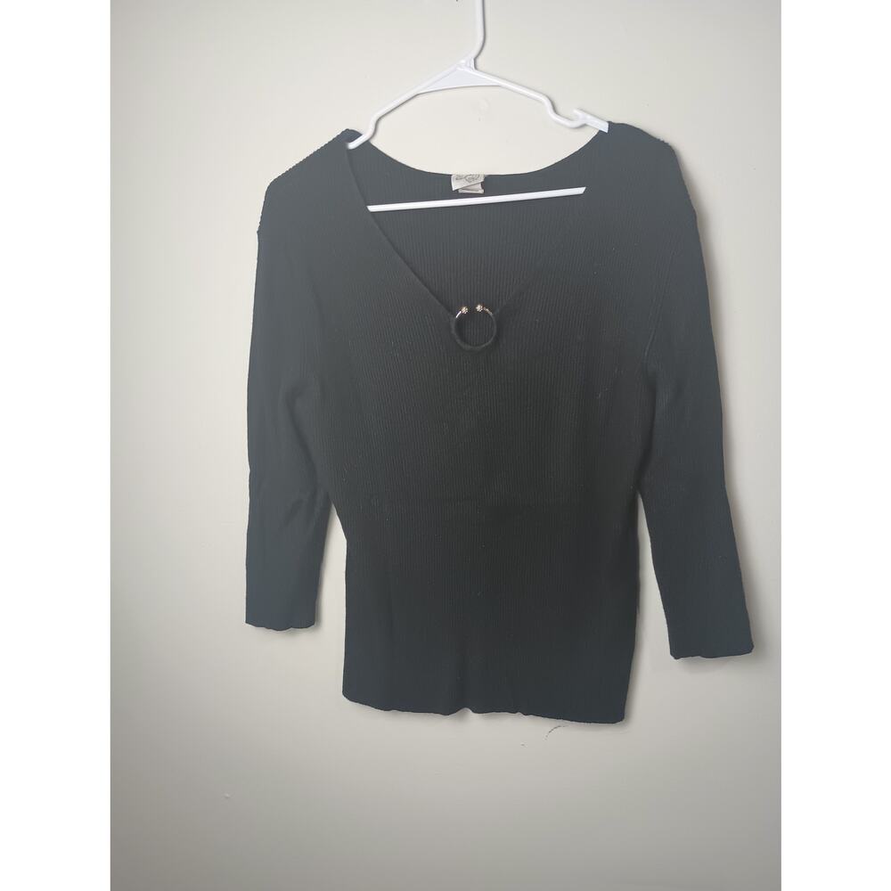 Vtg Fashion Bug Y2K Black Knit Top With V Neckline Ring Detail Fitted Large